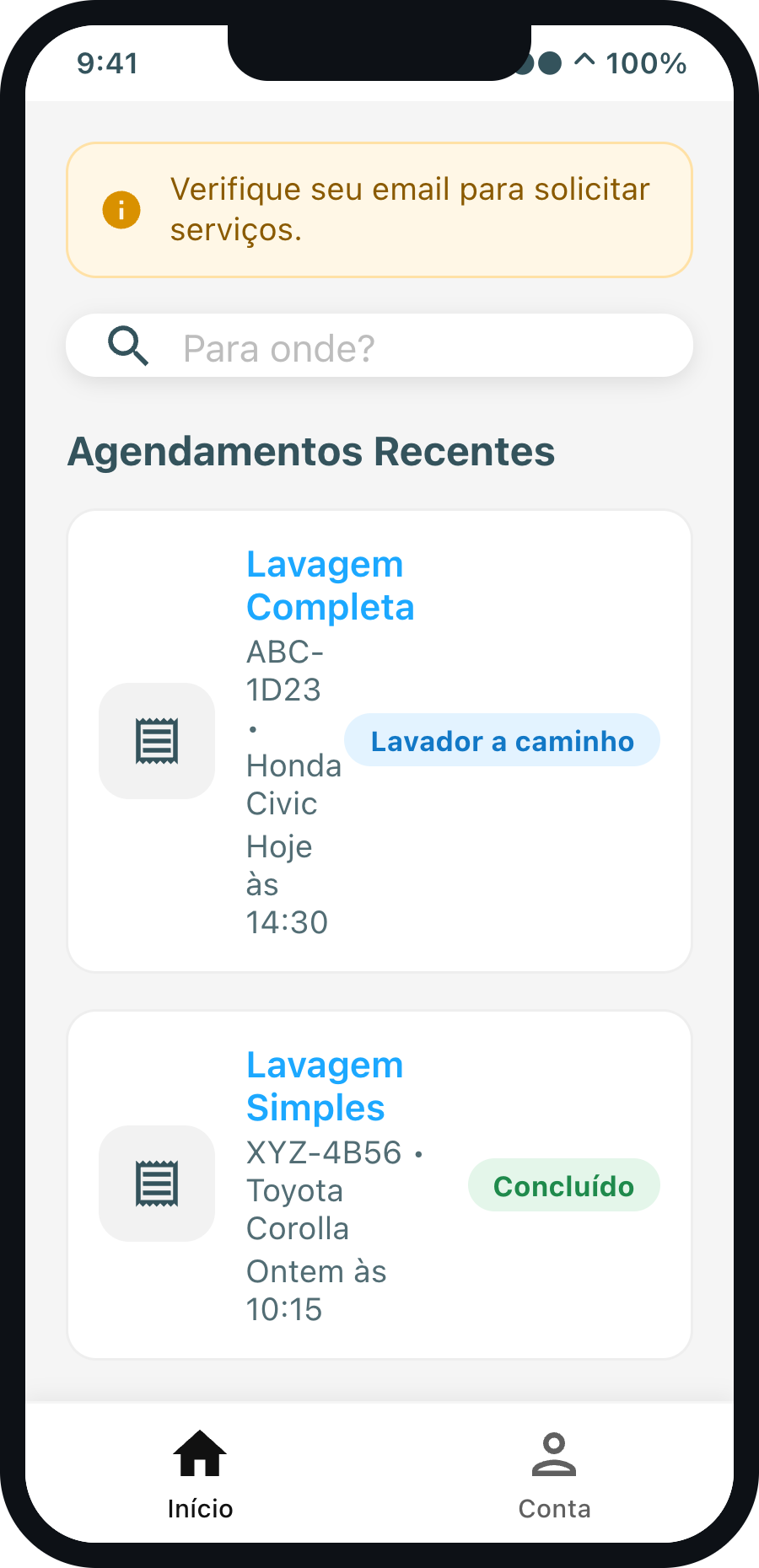 Tela inicial do app do cliente com busca de endereço e agendamentos recentes