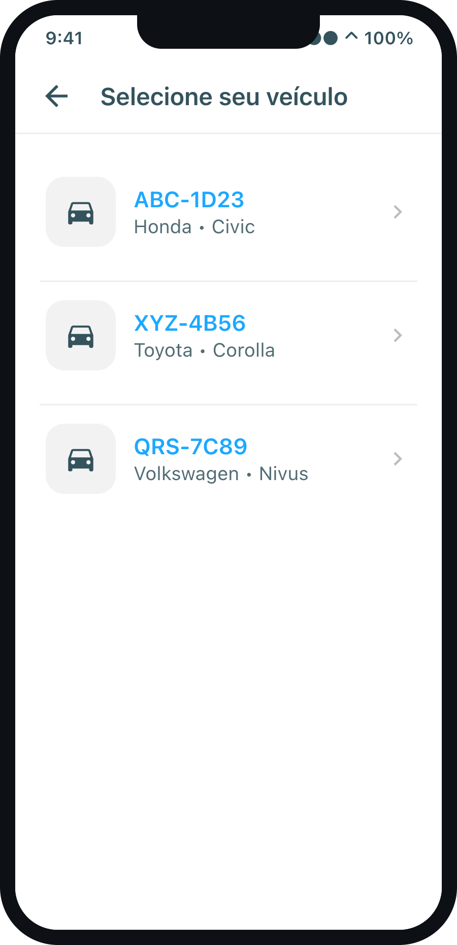 Seleção de veículo no app do cliente