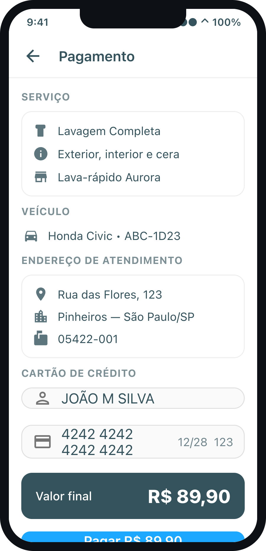 Tela de pagamento por cartão no app do cliente