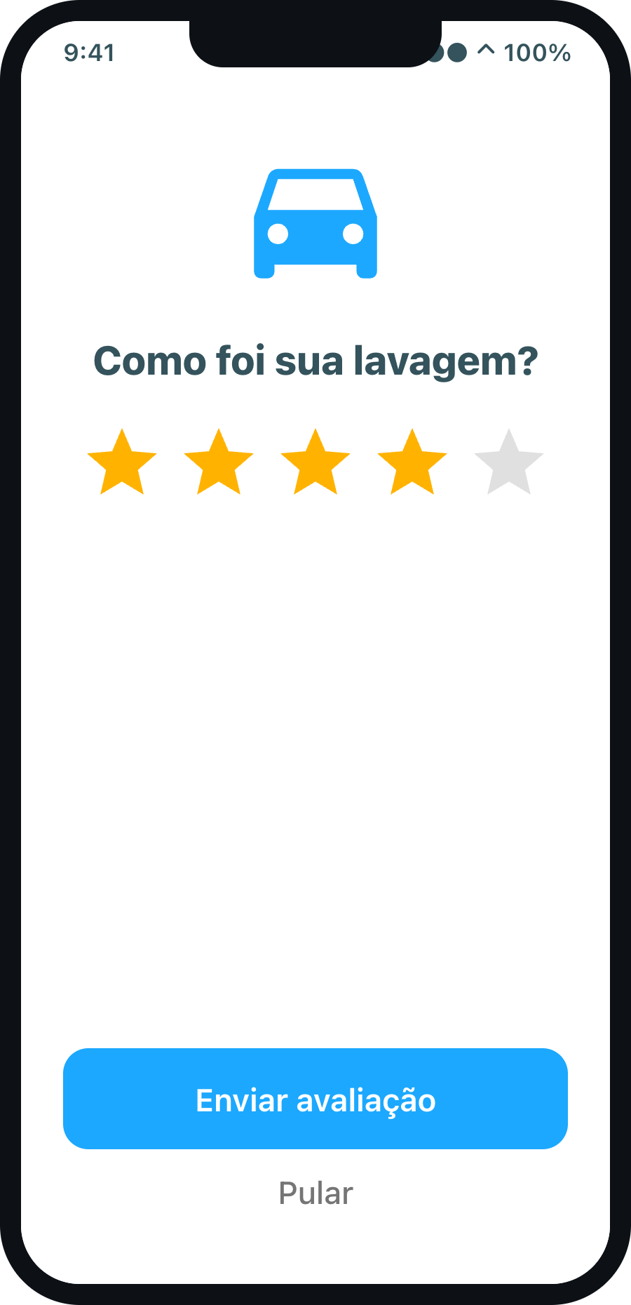 Tela de avaliação com cinco estrelas no app do cliente