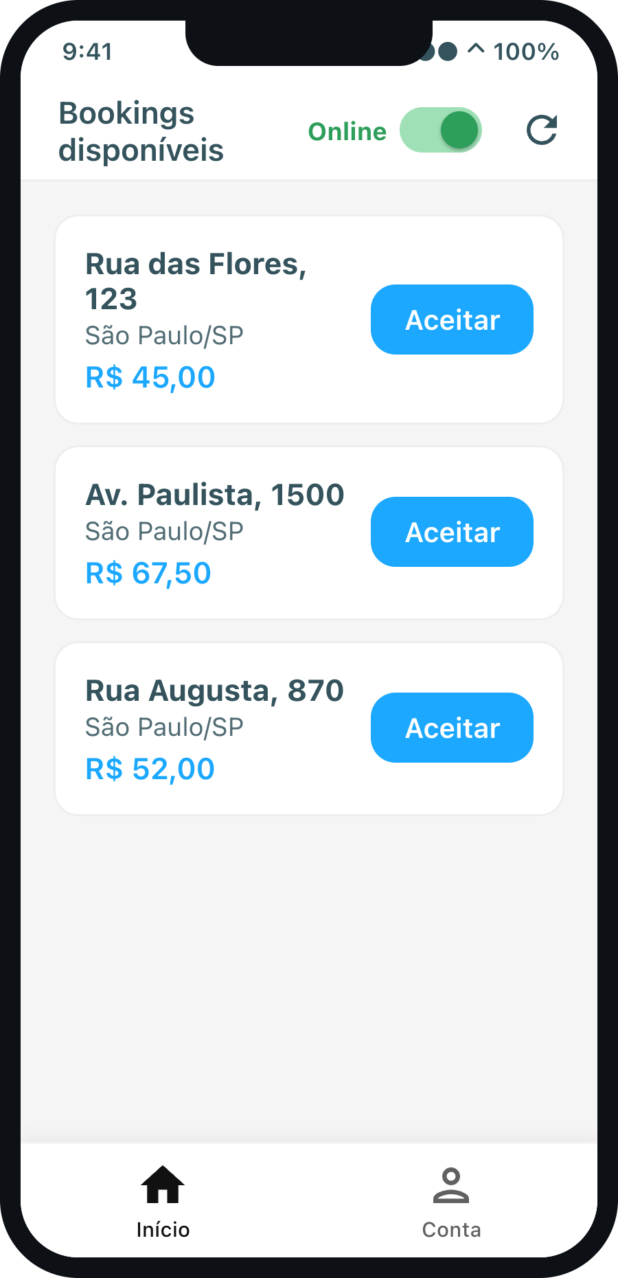 Lista de bookings disponíveis no app do prestador