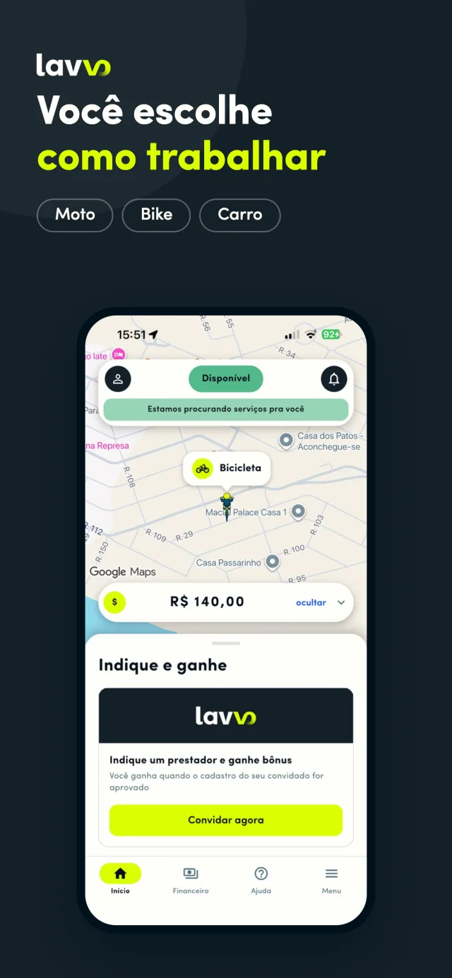 Você escolhe como trabalhar: moto, bike ou carro, com o mapa de serviços do app Lavvo Parceiros